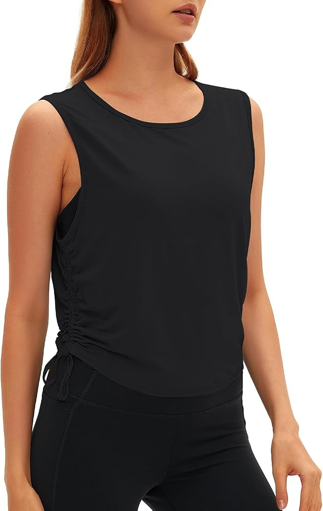 Women Open Back Sleeveless Workout Tops Crew Neck Ruched Side Tanks Athletic Casual Loose Shirts | Amazon (US)