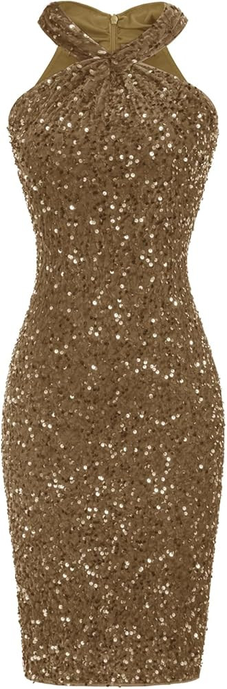 GRACE KARIN Sequin Dress for Women Sleeveless Sparkly Glitter Halter Dress Bodycon Mini Club Dres... | Amazon (US)