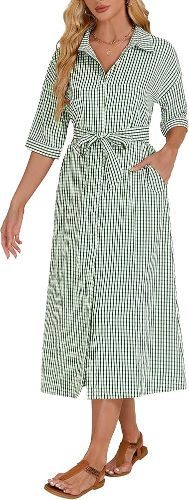 Women's Half Sleeve Plaid Maxi Dress Collar V Neck Belted Dress Casul Button Down Long Loose Dres... | Amazon (US)