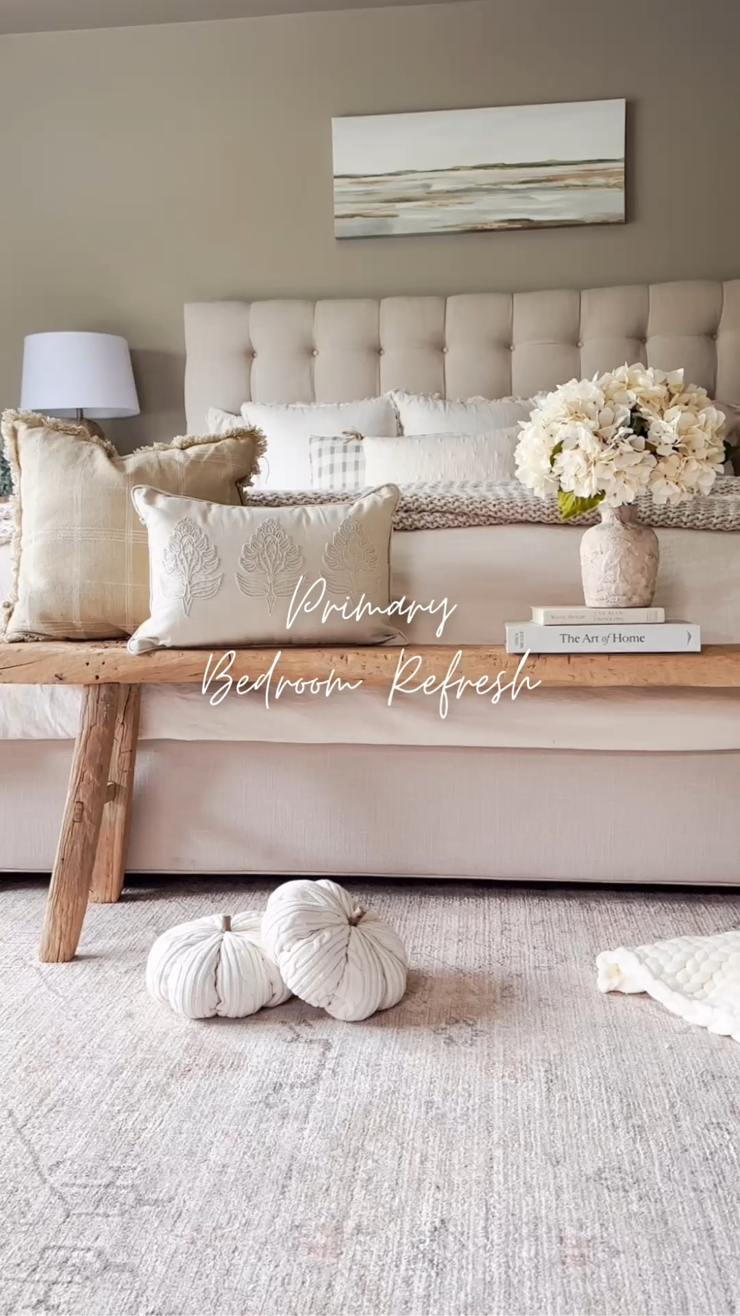 Primary Bedroom Refresh✨

Accessories available at onecottageway.com

Neutral bedroom, white bedding, casaluna comforter, upholstered bed, elm wood bench, neutral rug, hydrangea stems, beige throw pillow, target finds#LTKFallSale

#LTKSeasonal #LTKHome