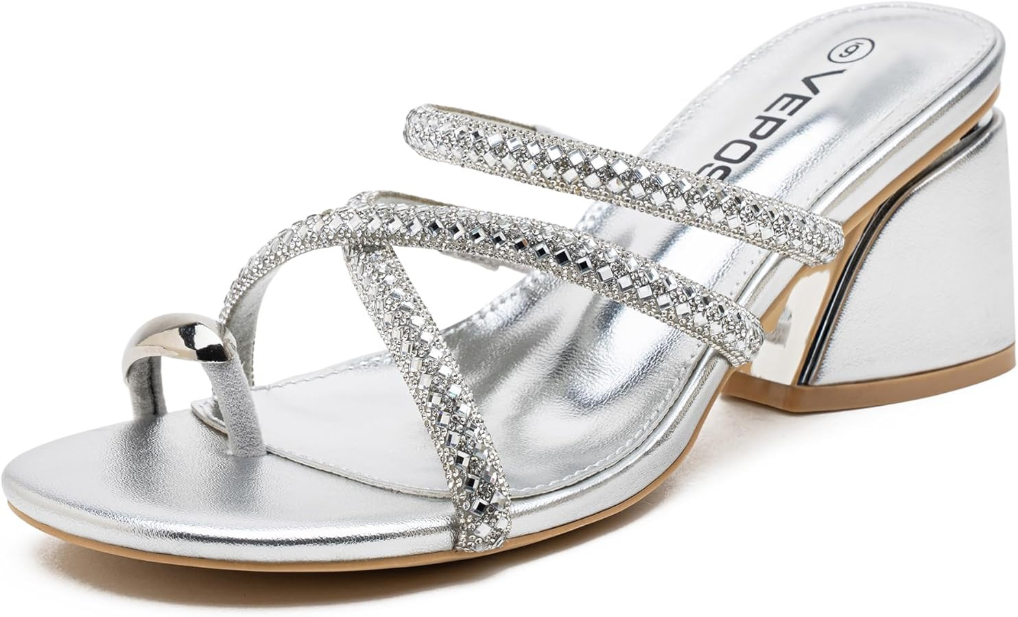 Vepose Women's Heeled Sandals 3 Inch Chunky Block Heels - Rhinestone Strappy Open Toe Slip On Sho... | Amazon (US)