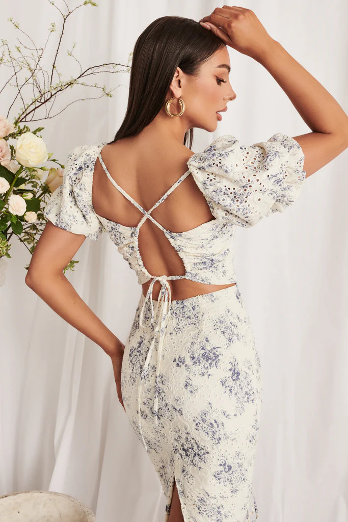 Broderie Gathered Strappy Back Midi in Porcelain | Lavish Alice