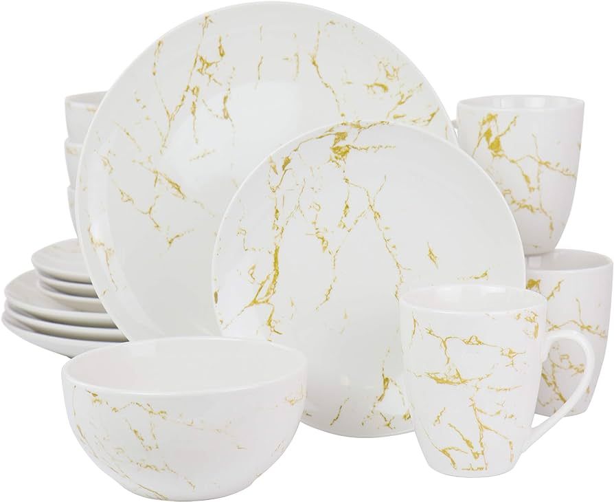 Elama Fine Marble Round Gloss Dinnerware Dish Set, 16 Piece, White and Gold | Amazon (US)