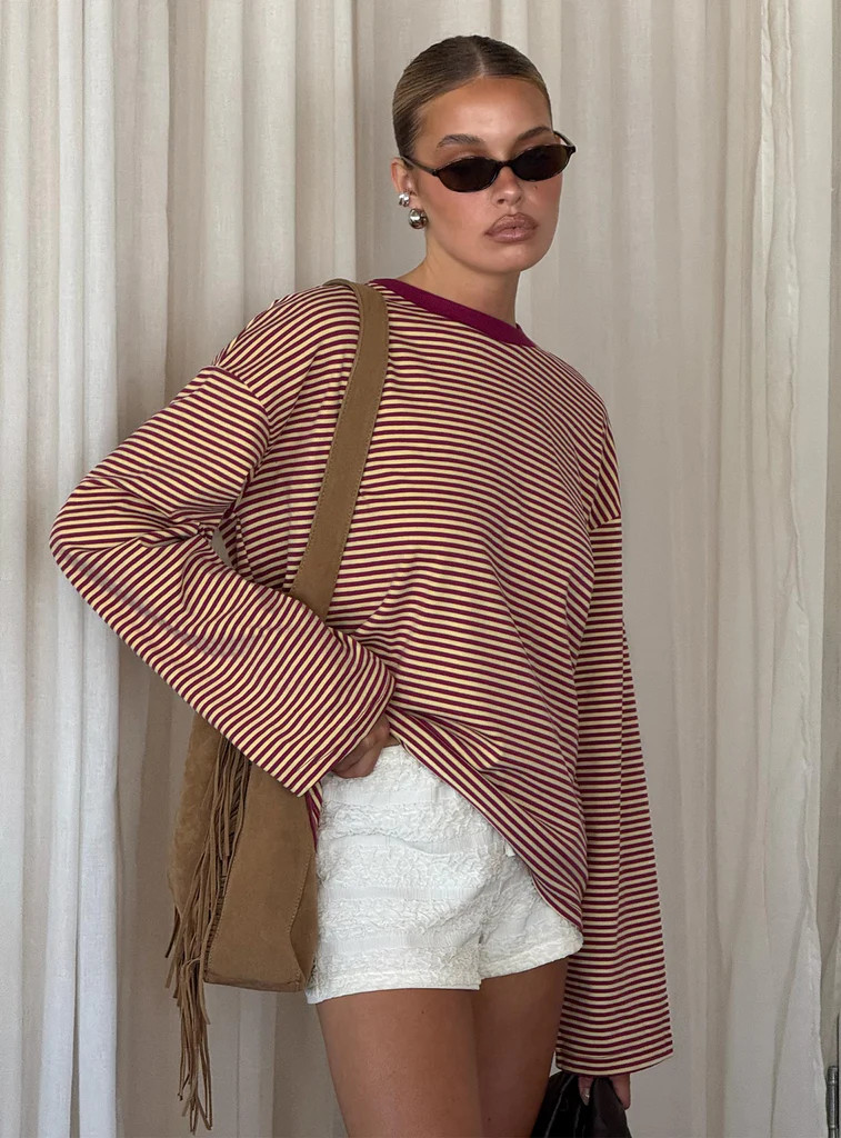 Settle Down Long Sleeve Top Lemon / Burgundy Stripe | Princess Polly US