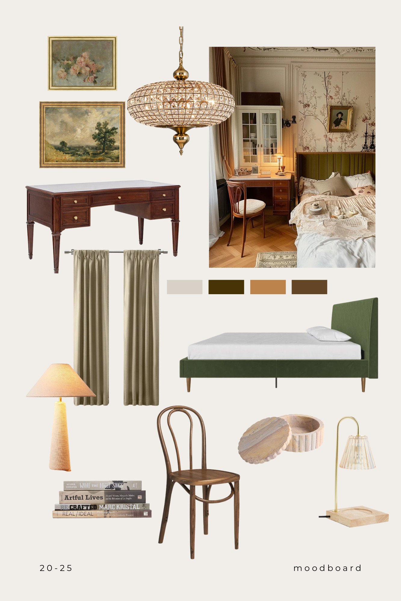 Cozy bedroom with Paris inspiration - warm wood tones, rich greens and mixed textures

 

 #LTKHome #LTKStyleTip