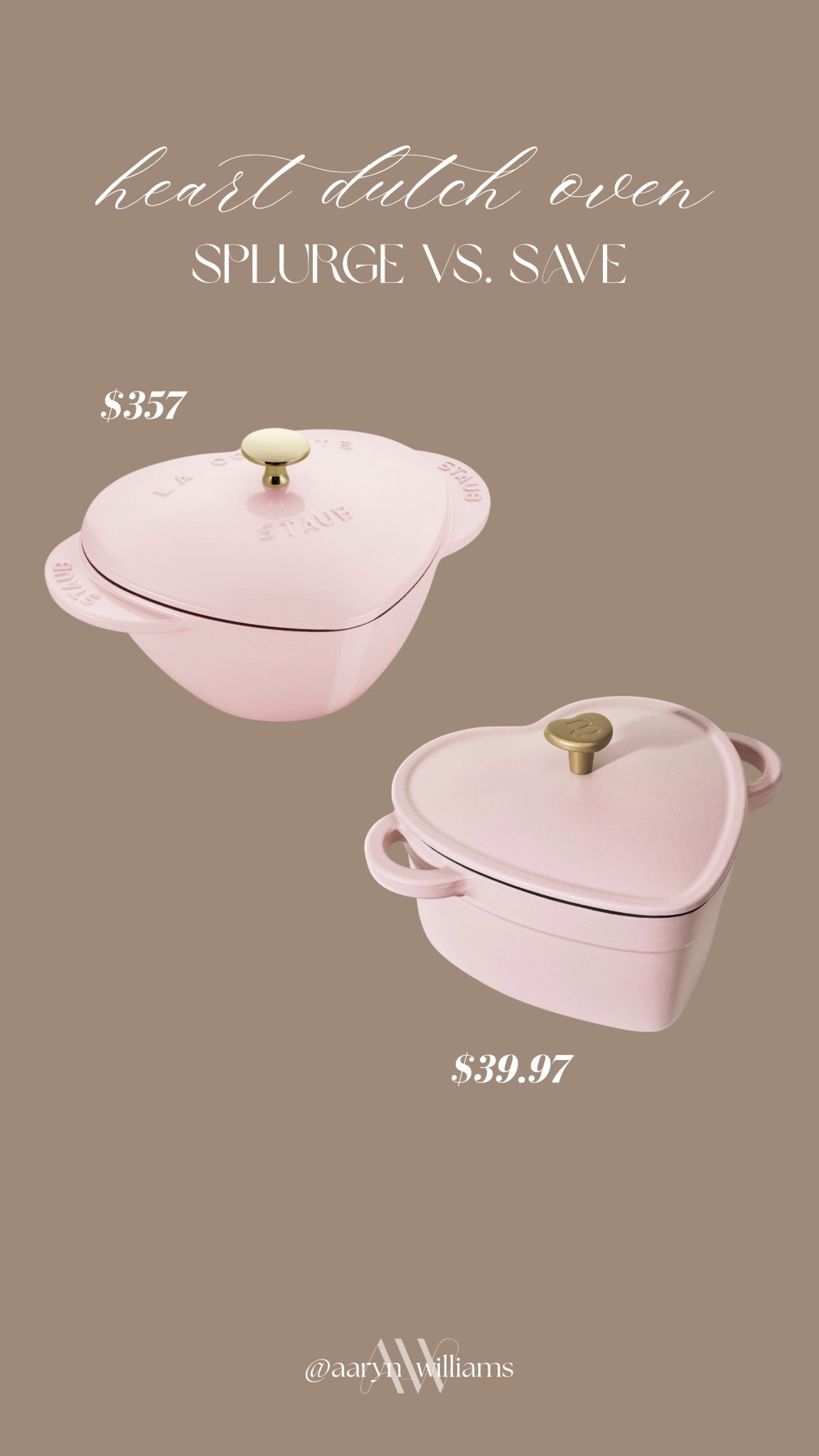 heart dutch oven splurge vs save 💕 same cute heart shape, same cozy kitchen moment, very different price tags. if you love a statement piece but don’t want to drop $$$, the save totally gives the look for everyday cooking and serving. perfect for soups, pastas, and all the comfort meals!

heart dutch oven, pink dutch oven, staub heart cocotte dupe, affordable cookware, kitchen aesthetic, cozy kitchen, valentines kitchen, cookware find

#LTKValentine #LTKHome