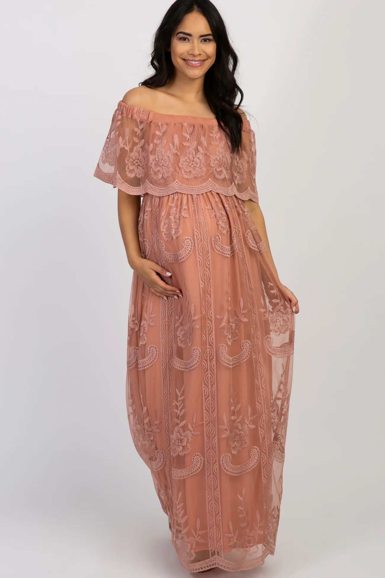 Light Pink Lace Mesh Overlay Off Shoulder Maternity Maxi Dress | PinkBlush Maternity