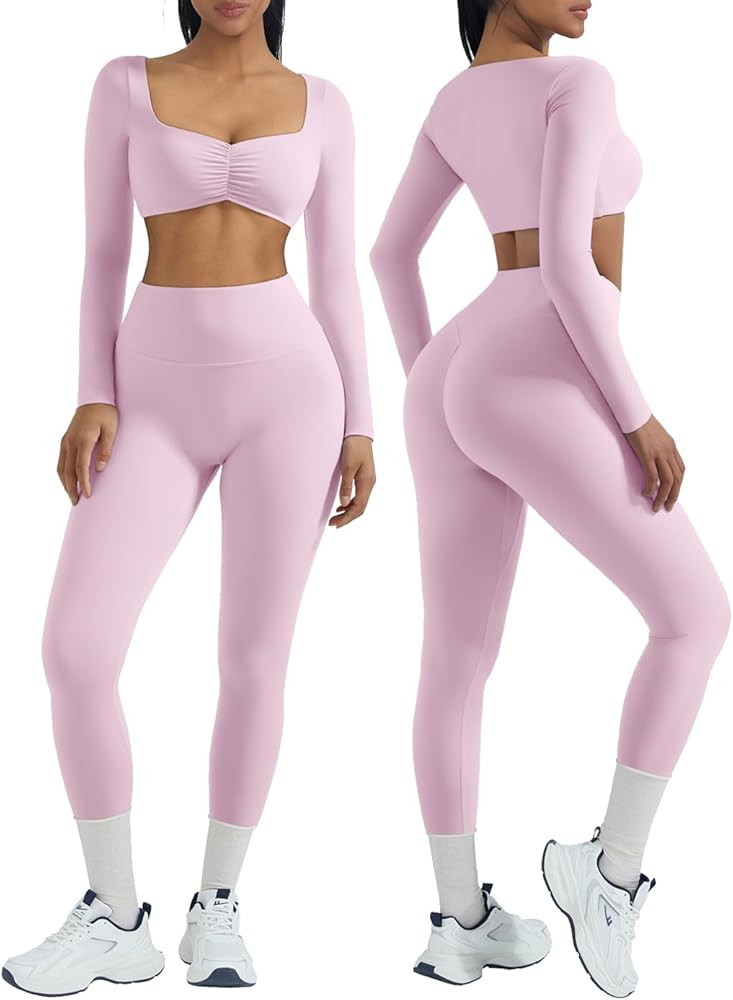 OMKAGI 2 Piece Workout Sets for Women Long Sleeve Padded Sports Bra High Waisted Gym Outfits with... | Amazon (US)