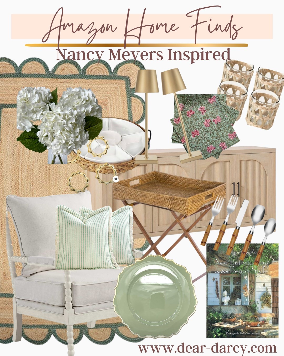 Nancy Meyers esthetics

Amazon finds 

Scallop jute rug with green trim 
Linen chair 
Bamboo tray with stand (makes a cute small bar) 

Green glass plate 
Silk hydrangeas 
Gold rechargeable lamps 
Whicker glasses
Great sideboard/dresser
Green stripe pillows 
Pretty coffee table 
Whicker divided servicing platter 
Floral napkins
Gold napkin rings 
Bamboo silverware 



#LTKStyleTip #LTKHome #LTKSummerEdit