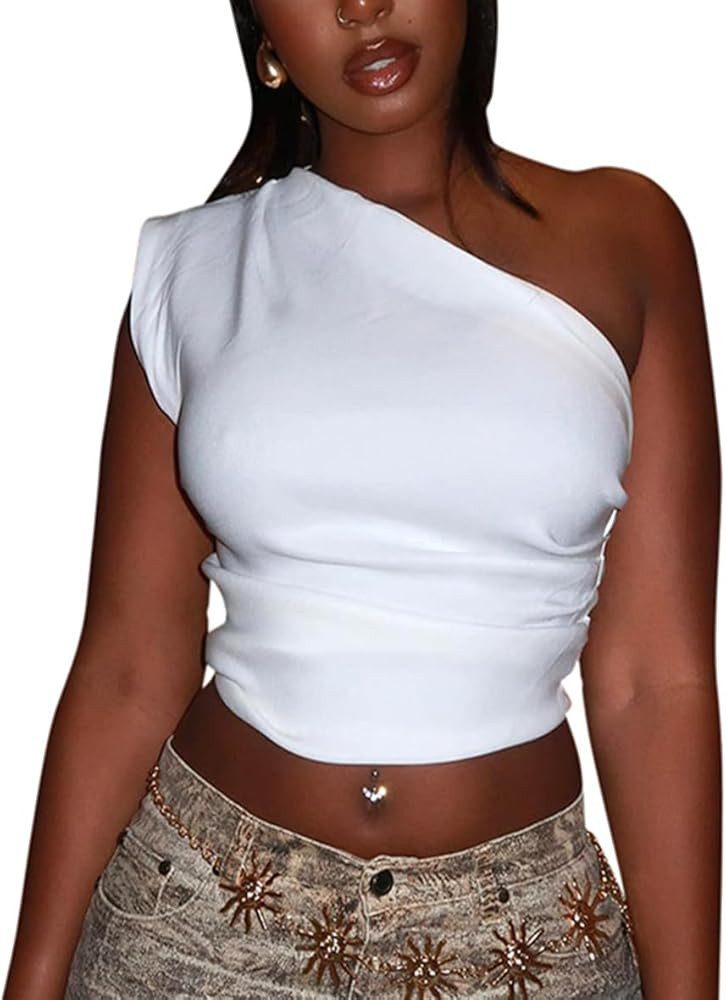 Women's Sexy One Shoulder Sleeveless Ruched Ribbed Crop Top Backless Slim Fit Camisole Cute Strap... | Amazon (US)