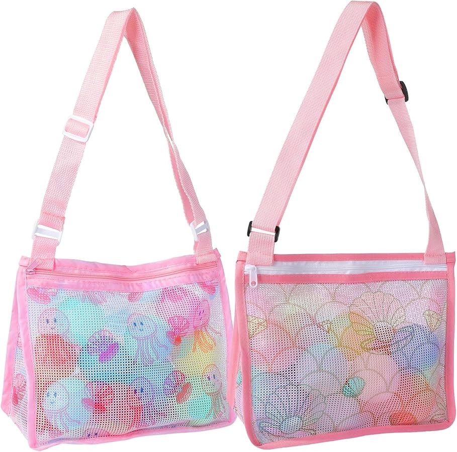 2 Pack Seashell Mesh Bags with Zipper, Shell Bag for Sand Toys Mesh Bag for Toys, Beach Must Have... | Amazon (US)