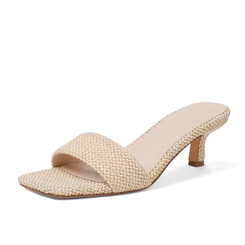 Ancomafio Kitten Heel Sandals Raffia Low Heels 2 Inch Square Open Toe Sandals for Women Slip on Summer Vacation Casual Shoes Size 7.5 | Amazon (US)