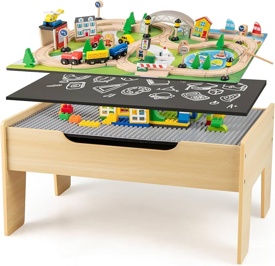 Costzon Train Table, 5 in 1 Kids Activity Wooden Set w/ 78 Pieces Railway Playset, Reversible Map... | Amazon (US)