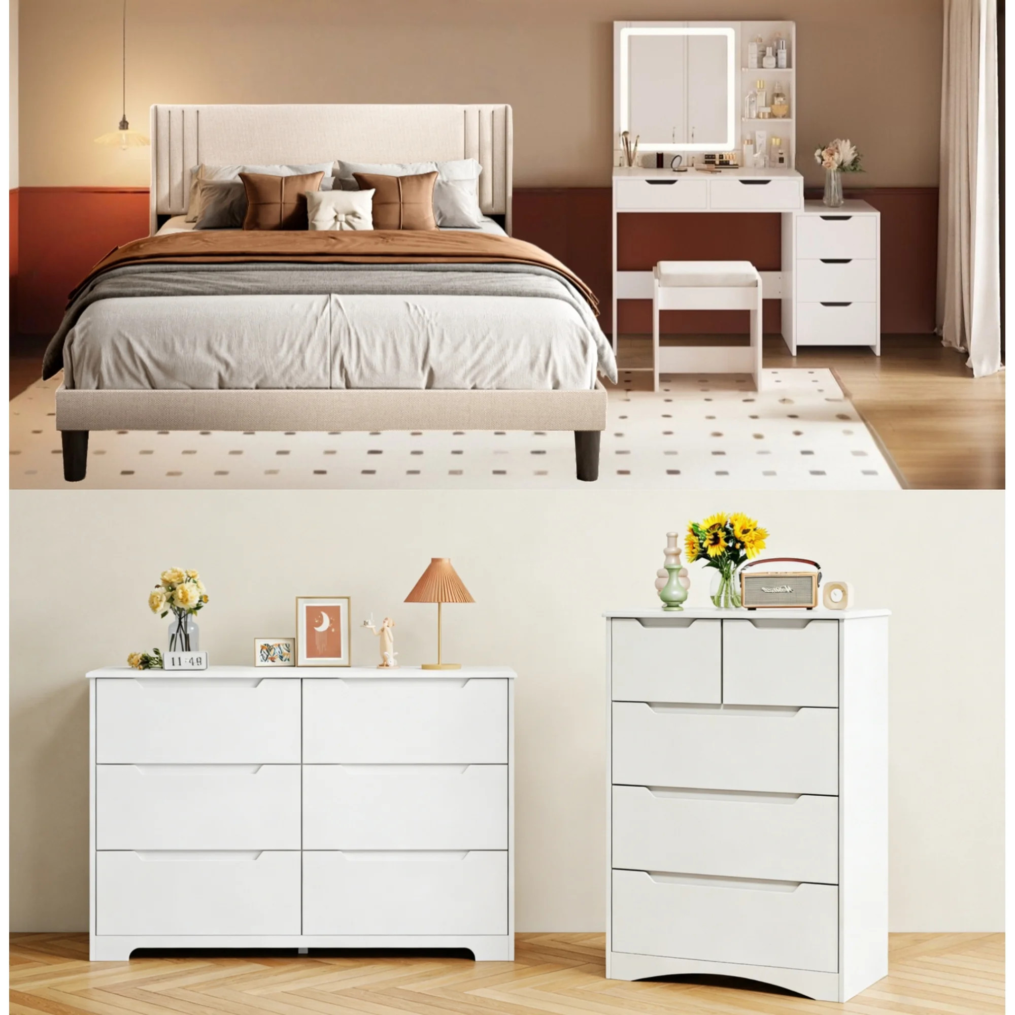 4 Pieces Bedroom Furniture Set, Includes Queen Size Bed Frame with Headboard, Vanity Desk with 5 ... | Walmart (US)