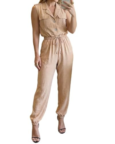 CHICME Jumpsuits for Women One Piece Outfits Summer 2026 Spring Vacation Travel Outfits Dressy Casual Sleeveless Notched Collar Cargo Tapered Romper | Amazon (US)