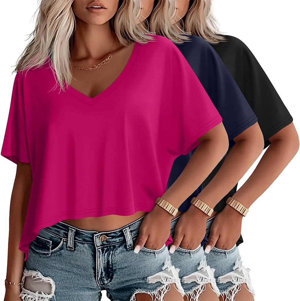 Huukeay 3 Pack Oversized T Shirts for Women Short Sleeve Crop Tops V Neck Tops Irregular Hem Bagg... | Amazon (US)