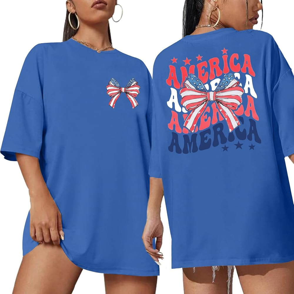 USA Flag T Shirts for Women 4th July American Star Stripes Bows Retro Patriotic Oversized Short S... | Amazon (US)