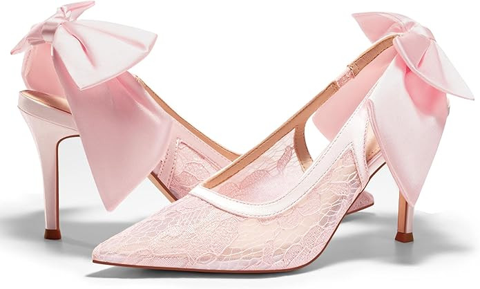 Coutgo Womens Slingback High Heels Bow Closed Pointed Toe Lace Patchwork Party Dress Shoes | Amazon (US)