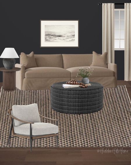 Moody living room design, moody living room mood board, den mood board, black coffee table, sofa, living room rug #moody

#LTKhome #LTKsalealert