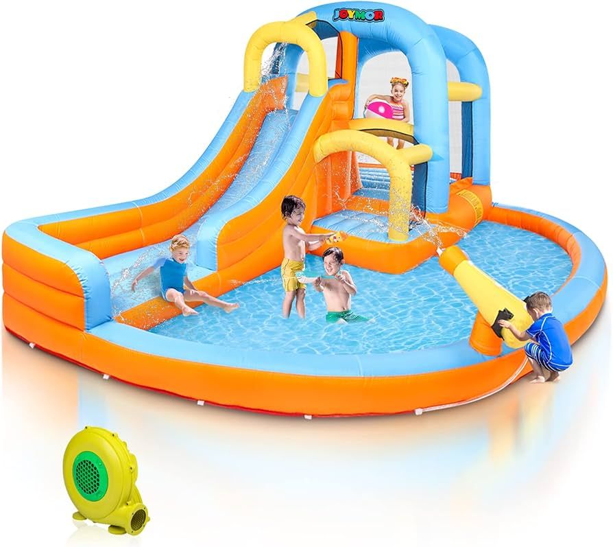 JOYMOR 5-in-1 Inflatable Water Slide Park, Water Bounce House w/Air Blower, Climbing Wall, Double... | Amazon (US)