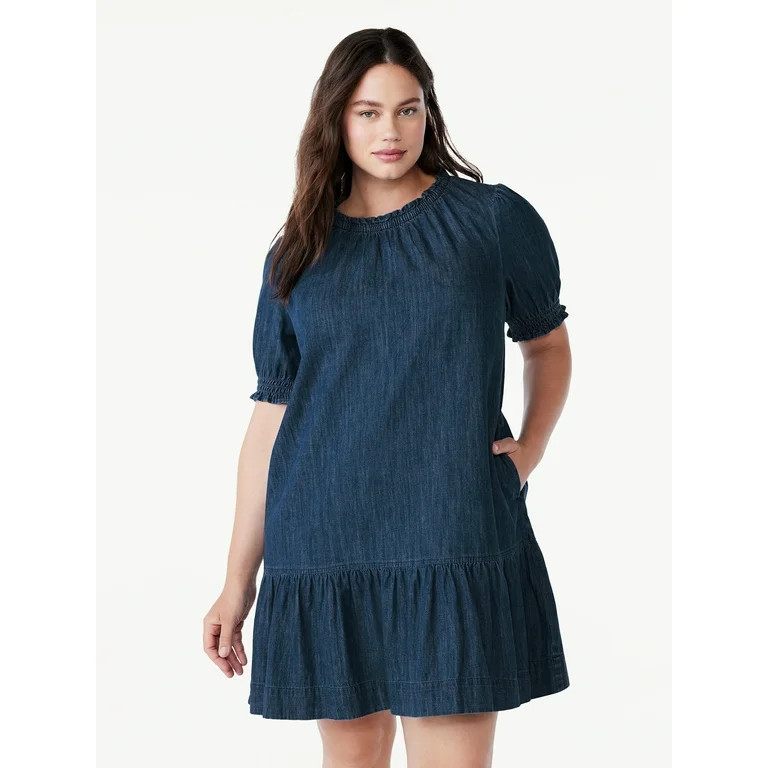 Free Assembly Women's Ruffle Neck Denim Mini Dress with Short Sleeves, Sizes XS-XXL - Walmart.com | Walmart (US)