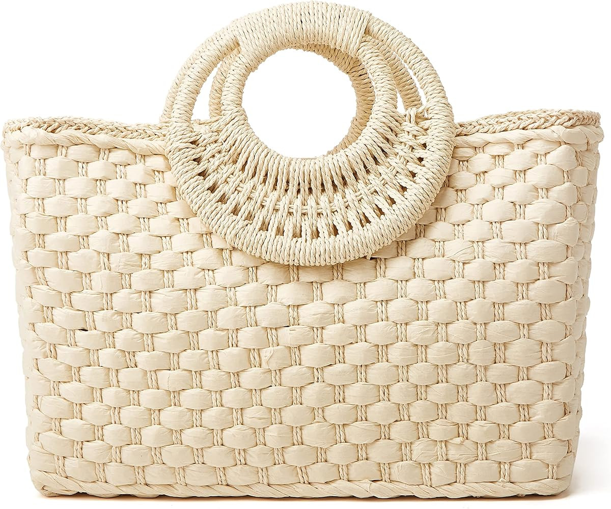 Straw Beach Tote for Women Large Tote Bag Top-handle Bag Shoulder Bag Handbag Satchel Beach Bag P... | Amazon (US)