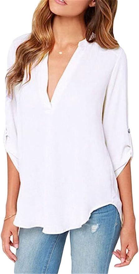roswear Women's Casual V Neck Cuffed Sleeves Solid Chiffon Blouse Top | Amazon (US)