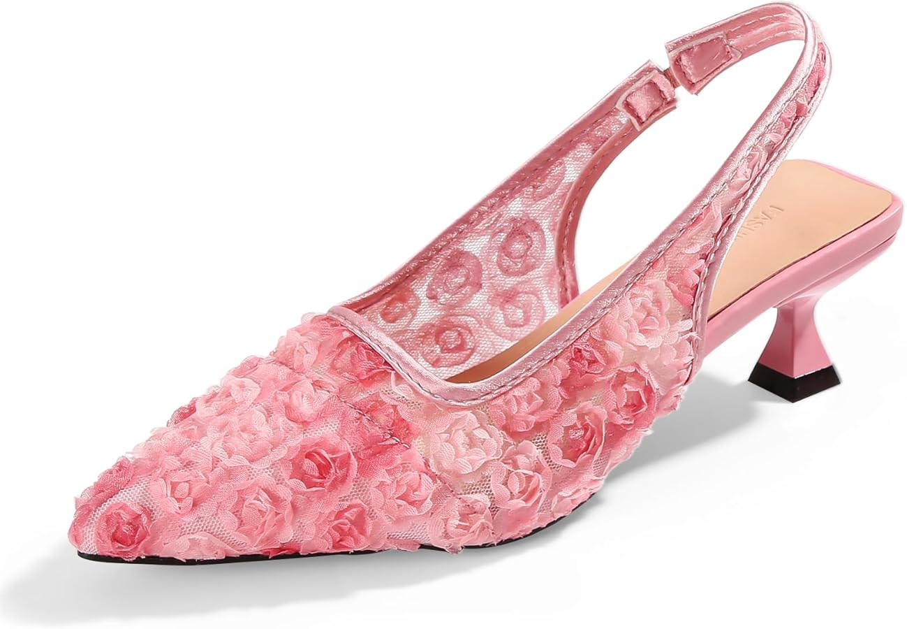 Elegant Lace Kitten Heels for Women - Slingback Pointed Toe Floral Mesh Dress Shoes - Low Heel Fo... | Amazon (US)