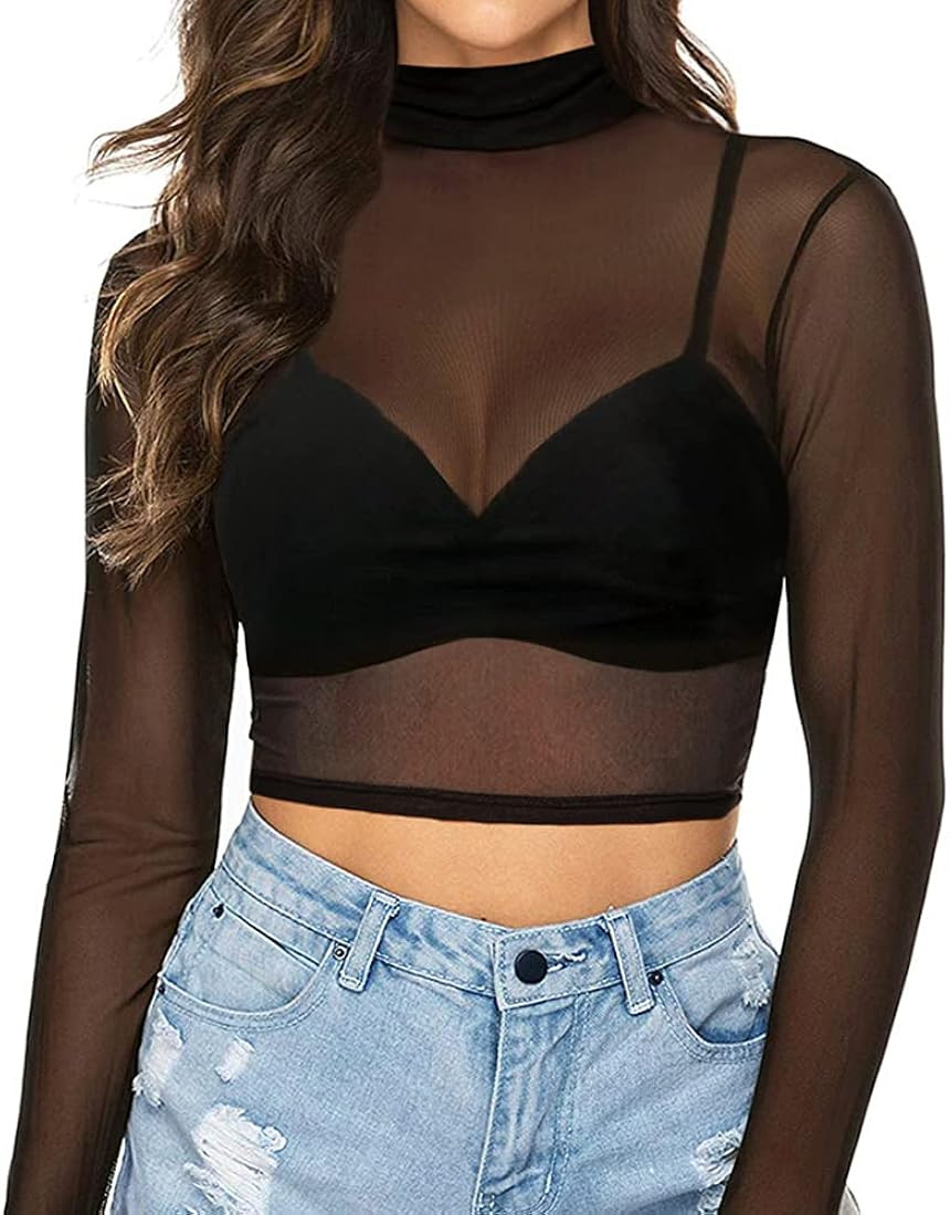 MANGOPOP Women's Short Sleeve Long Sleeve Sheer Mesh Crop Tops Tee Shirt Blouse | Amazon (US)
