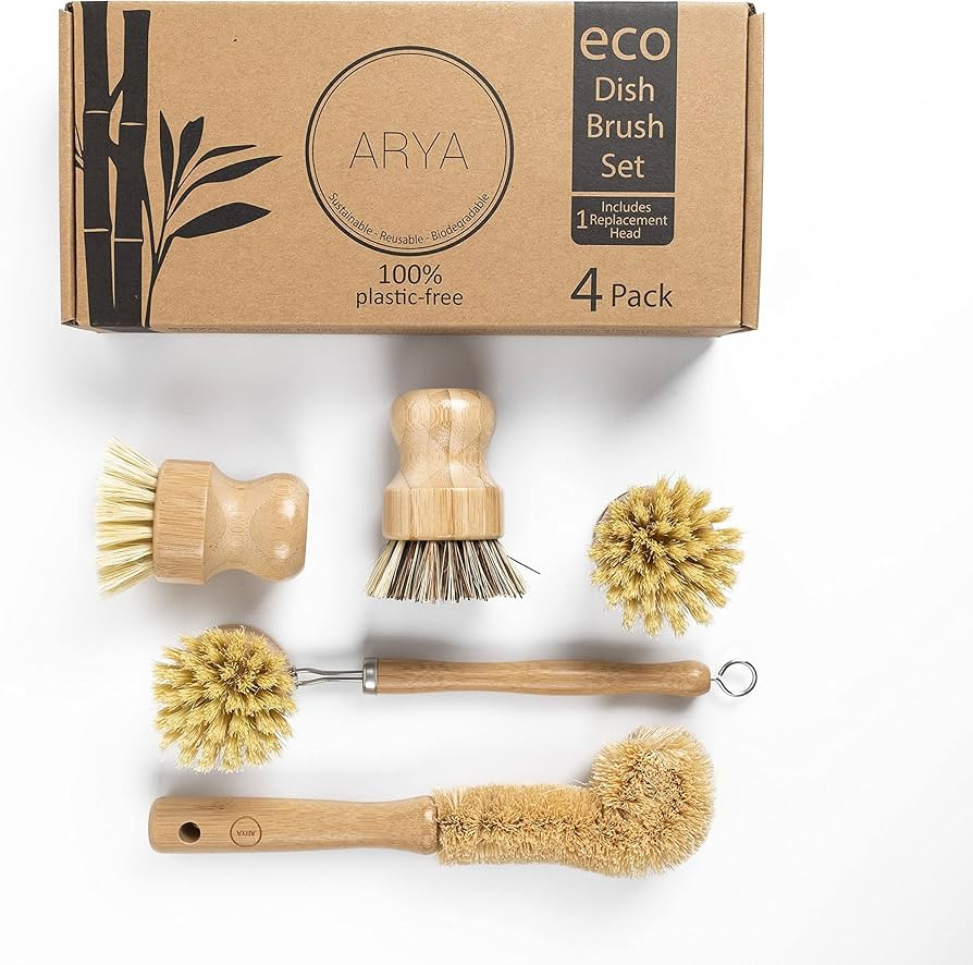 ARYA. Wooden Dish Brush Set | 4 Kitchen Washing Up Brushes & One Replacement Head | Bamboo & Natu... | Amazon (US)