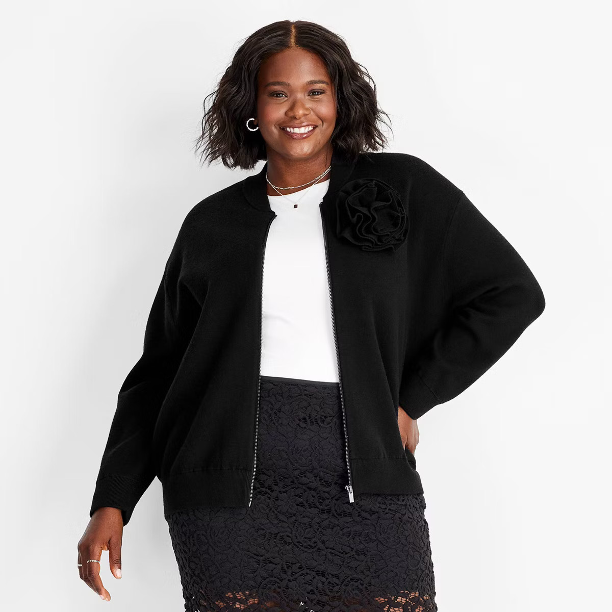 Women's Rosette Sweater Bomber Jacket - Future Collective Black 3X | Target