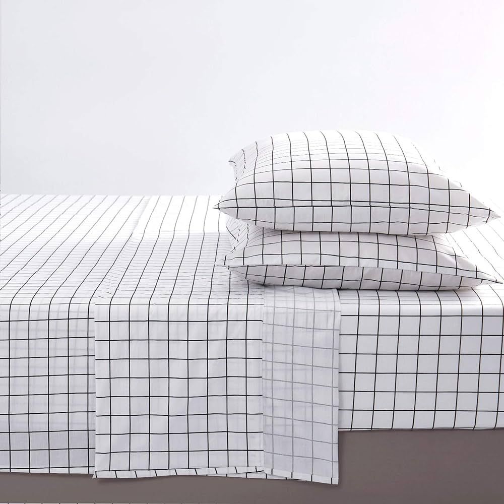 Wake In Cloud - Grid Sheet Set, 100% Cotton Bedding, Black Grid Geometric Preppy Modern Pattern Prin | Amazon (US)