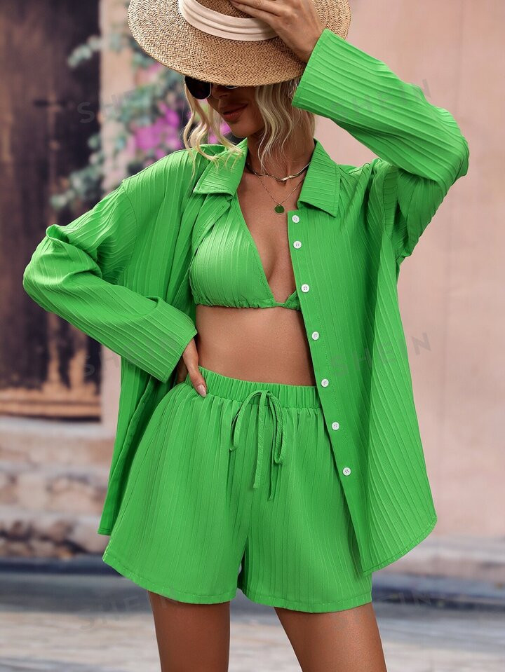 SHEIN VCAY Drop Shoulder Shirt & Crop Halter Top & Shorts | SHEIN