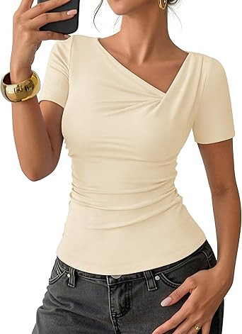 ZESICA Womens Summer Asymmetrical T Shirts Ruched Fitted Short Sleeve Y2K Going Out Tops 2026 Spr... | Amazon (US)
