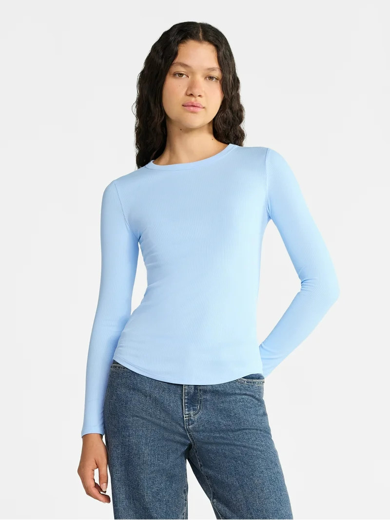 No Boundaries Crew Ribbed Tee with Long Sleeves, Women's | Walmart (US)