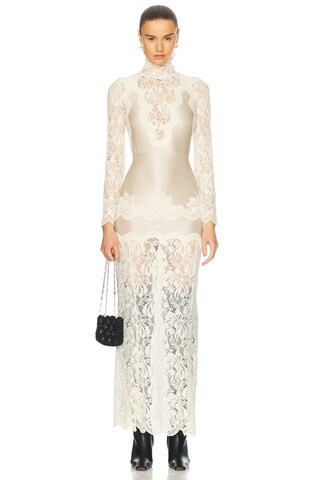 RABANNE Turtleneck Lace Long Dress in Ivory - Ivory. Size 36 (also in ). | FWRD 