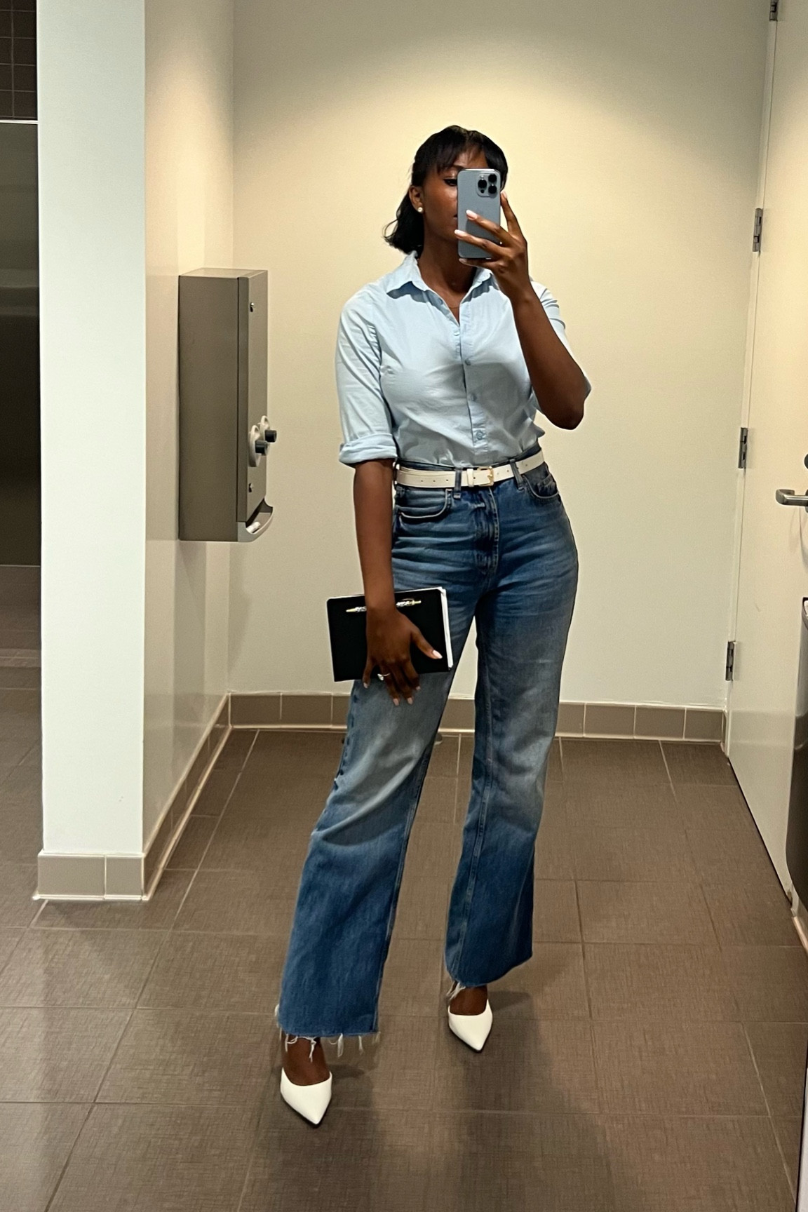 Timeless casual office outfit to wear to work. Light blue button up, denim wide leg pants, white pumps and white belt  

#LTKshoecrush #LTKworkwear