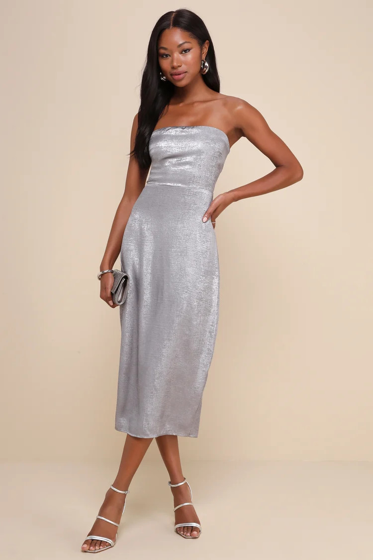 Ideal Essence Shiny Silver Metallic Strapless Midi Dress | Lulus