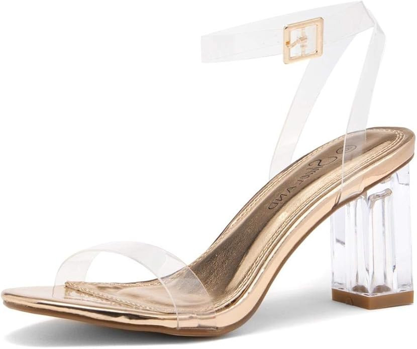 Shoe Land CLLAARY-L Women's Perspex Heel Ankle Strap Adjustable Buckle Lucite Clear Block Chunky ... | Amazon (US)