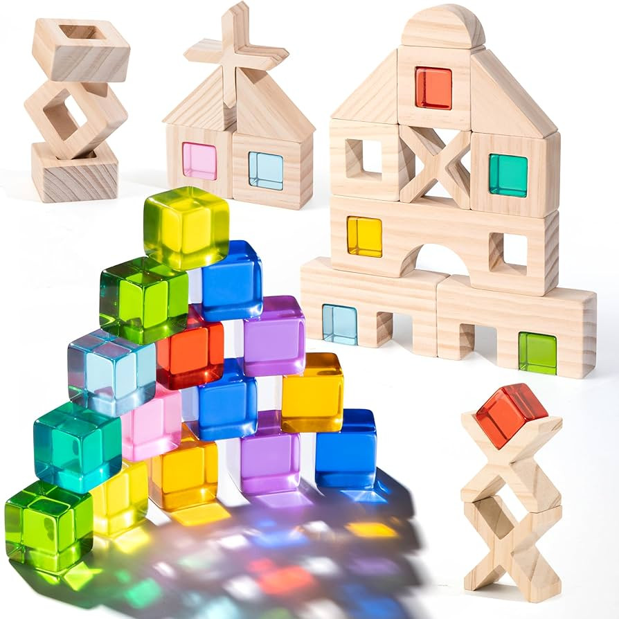 Wooden Rainbow Building Blocks Set for Kids | 22 PCS Wooden Blocks & 25 PCS Acrylic Gem Cubes Sen... | Amazon (US)