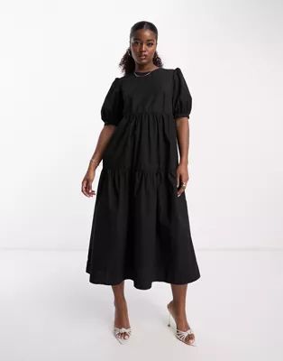 Nobody's Child Rochelle puff sleeve smock midi dress in black | ASOS (Global)