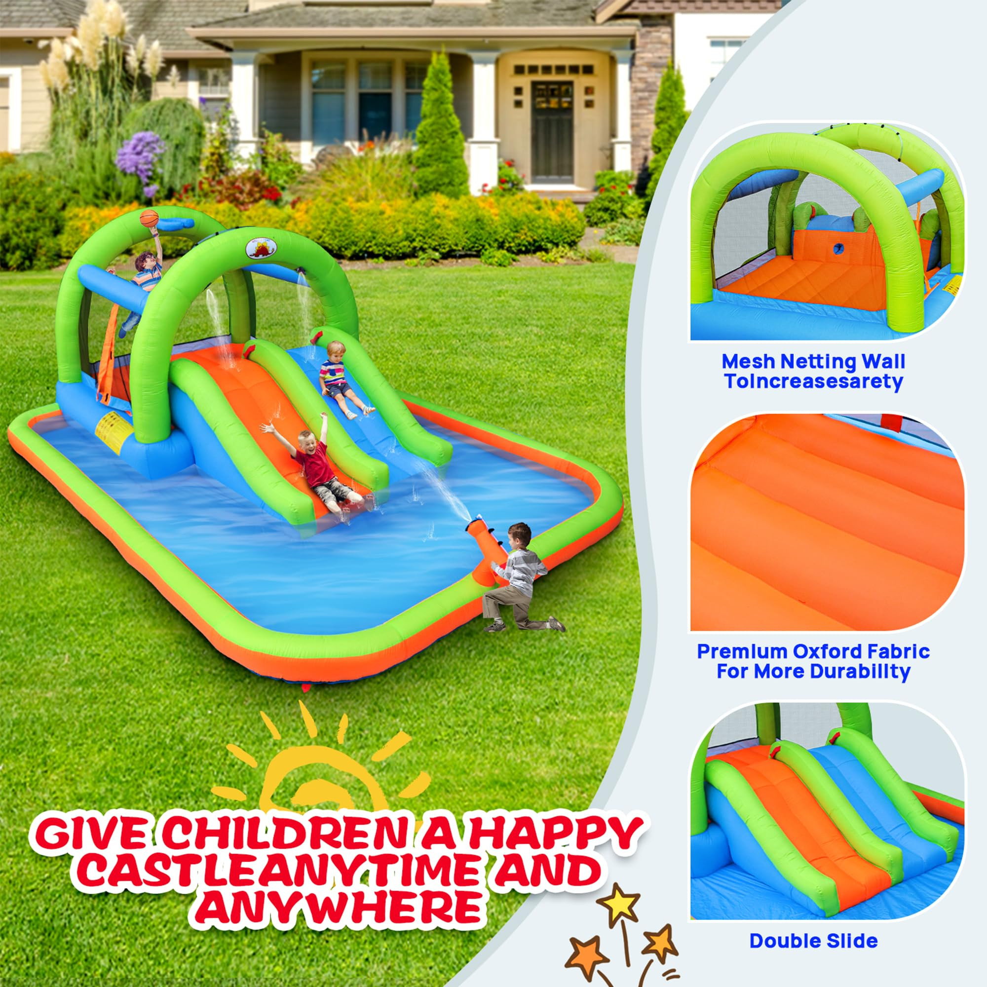 Inflatable Water Park with Blower, and Bouncy House with Double Slide with Water Cannon and Baske... | Amazon (US)