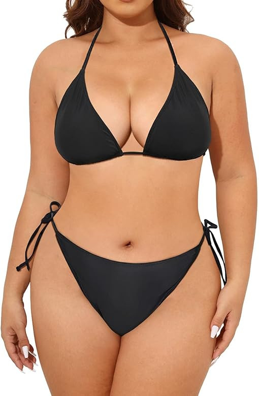 Tempt Me Women Plus Size Triangle Bikini String Two Piece Halter Tie Side Swimsuit | Amazon (US)