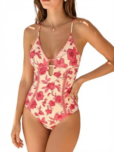 CUPSHE Women's One Piece Swimsuit Plunging V Neck Shell Stitch Bathing Suit Self Tie Adjustable Cutouts Swimwear, S Pink/Floral | Amazon (US)