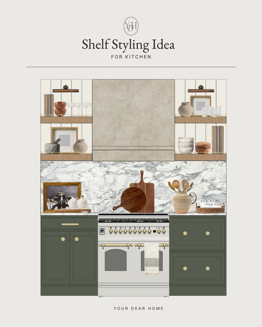 Kitchen shelves should feel practical but still beautifully styled. Mixing bowls, cutting boards, framed art, and warm wood tones keeps them functional without looking cluttered. 

 #LTKHome