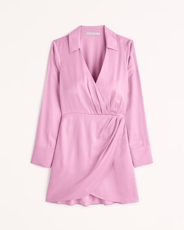 Long-Sleeve Satin Drapey Shirt Dress | Abercrombie & Fitch (US)