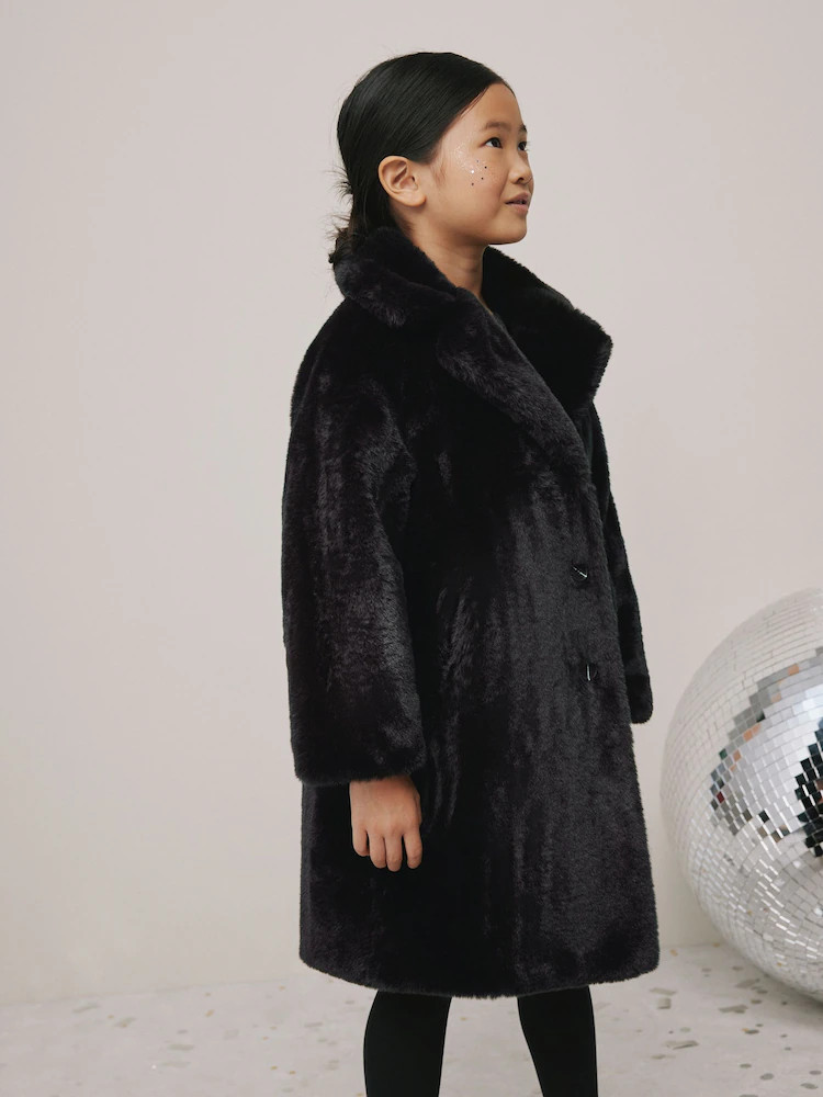 Black Faux Fur Longer Length Coat (3-16yrs) | Next US