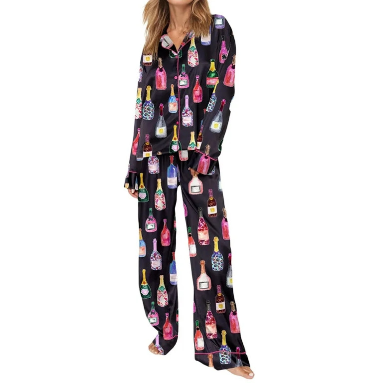 Women Champagne Bottle Pajamas Long Sleeve Wine Glasses Print Button Down Shirt Pants 2 Piece Sat... | Walmart (US)