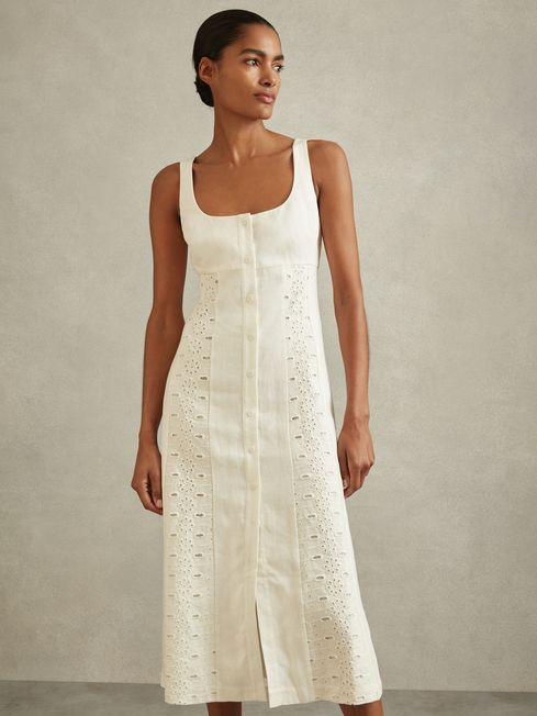 Linen Broderie Midi Dress in Ivory | Reiss US