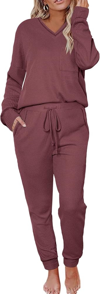 Womens Pajama Sets Waffle Knit 2 Piece Lounge Sets Sleepwear Loungewear Pjs Long Sleeve Maternity... | Amazon (US)